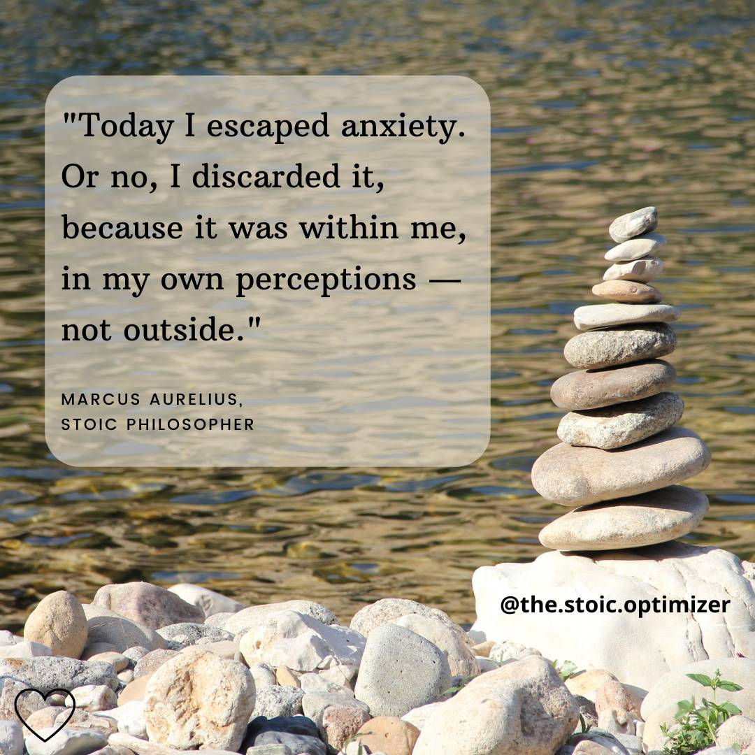 Quote by Marcus Aurelius on a background of stacked stones by the water