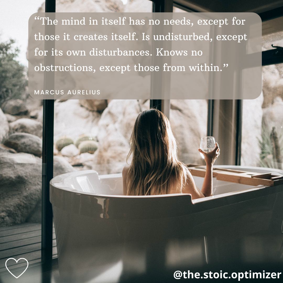 Quote by Marcus Aurelius. Background with a woman holding a wine glass in a bathtub